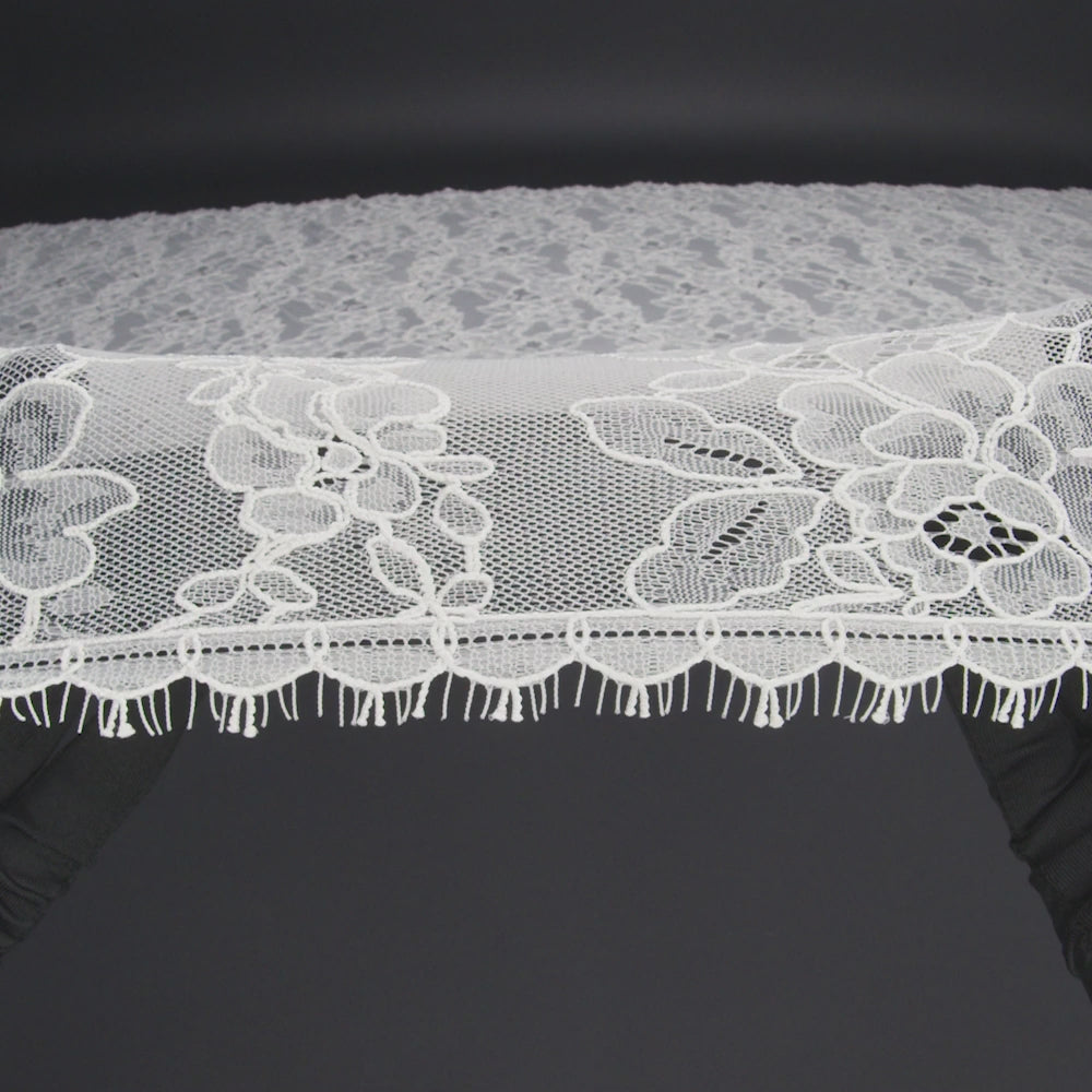 Luminous Re-Embroidered Lace with Finished Scalloped Edges and Eyelash Fringe - Bright White Floral Scallops - Image 6 of 6
