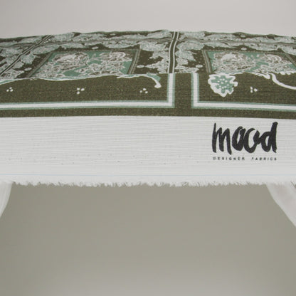 Slubbed Gauzy Cotton Woven - Dark Olive Green and Muted Teal Floral Handkerchief Panel - Mood Exclusive Needlepoint Picnic Print