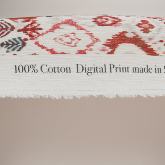 Slubbed Gauzy Cotton Woven - Coral Red, Dark Blue and Light Gray Ikat Leaves and Swirls - Mood Exclusive Fanciful Fairy Print - Image 6 of 6