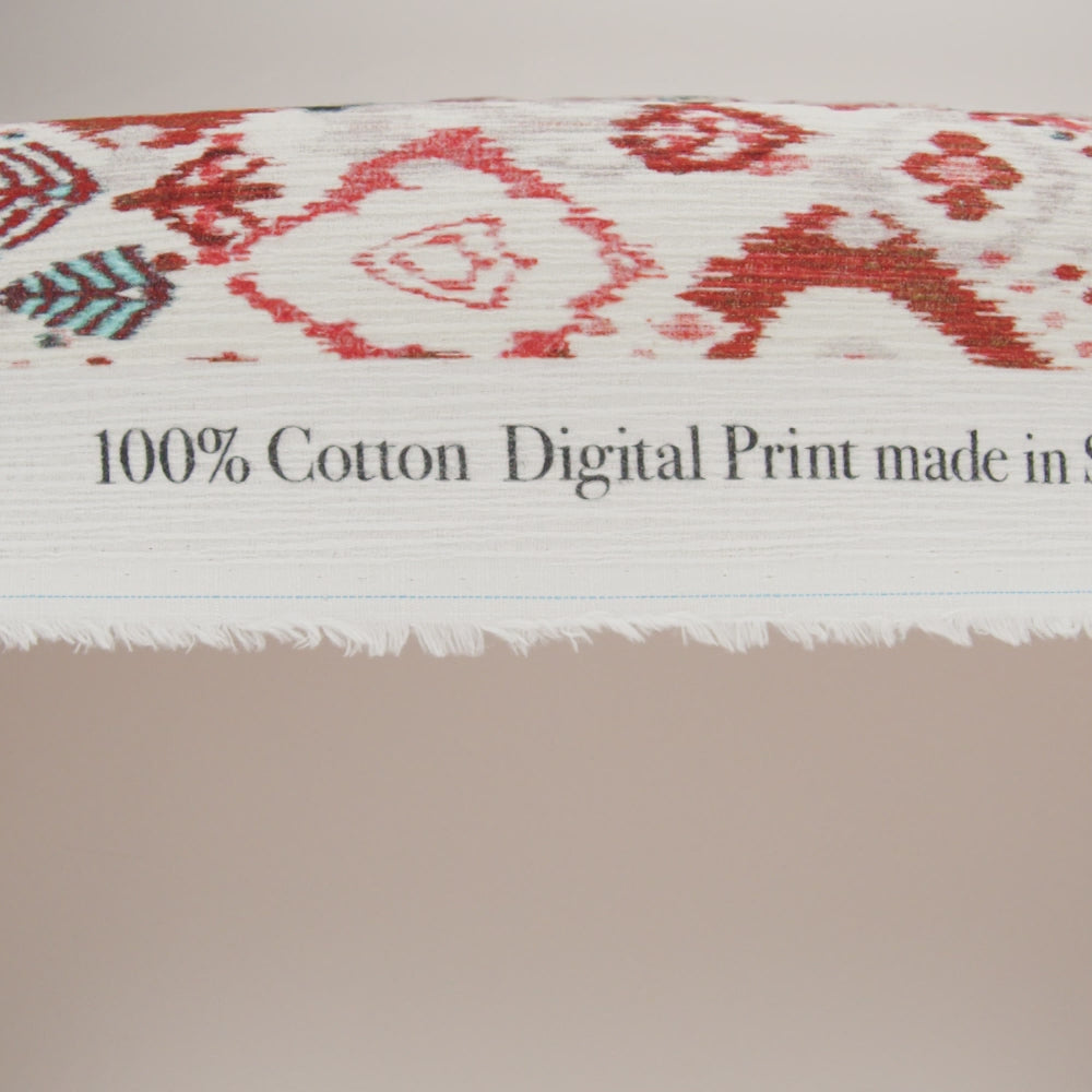 Slubbed Gauzy Cotton Woven - Coral Red, Dark Blue and Light Gray Ikat Leaves and Swirls - Mood Exclusive Fanciful Fairy Print - Image 6 of 6