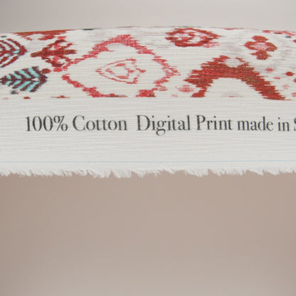 Slubbed Gauzy Cotton Woven - Coral Red, Dark Blue and Light Gray Ikat Leaves and Swirls - Mood Exclusive Fanciful Fairy Print