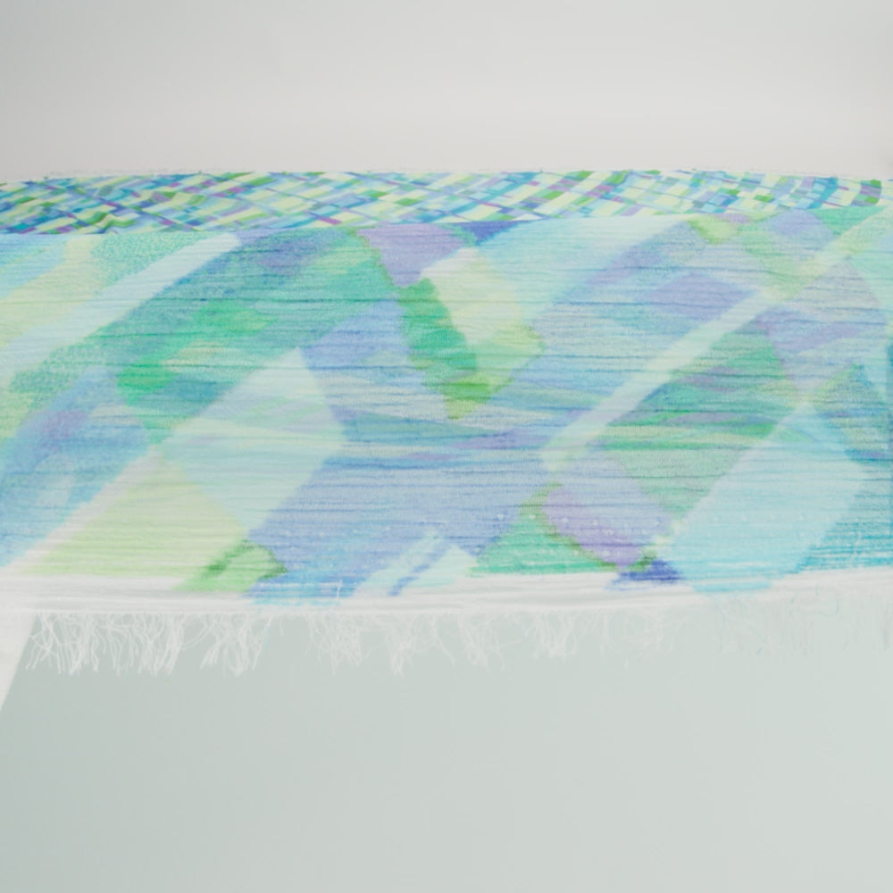Crinkled Polyester Chiffon Print - Blue, Lime Green and Purple Painted Plaid - Designer Deadstock - Image 6 of 6