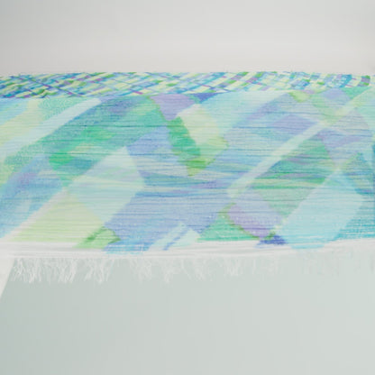Crinkled Polyester Chiffon Print - Blue, Lime Green and Purple Painted Plaid - Designer Deadstock