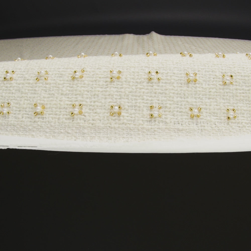 Embellished Acrylic and Wool Tweed with Backing - Off-White Tweed with Pearl and Gold Beaded Tiny Flower Grid - Image 6 of 6