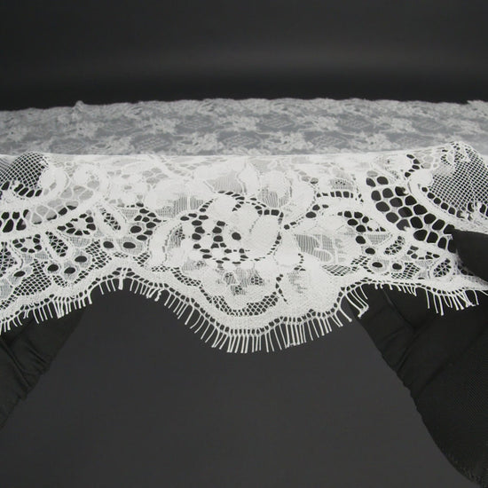 Luminous Re-Embroidered Lace with Finished Scalloped Edges - White Floral and Diamond Lattices - Image 6 of 6