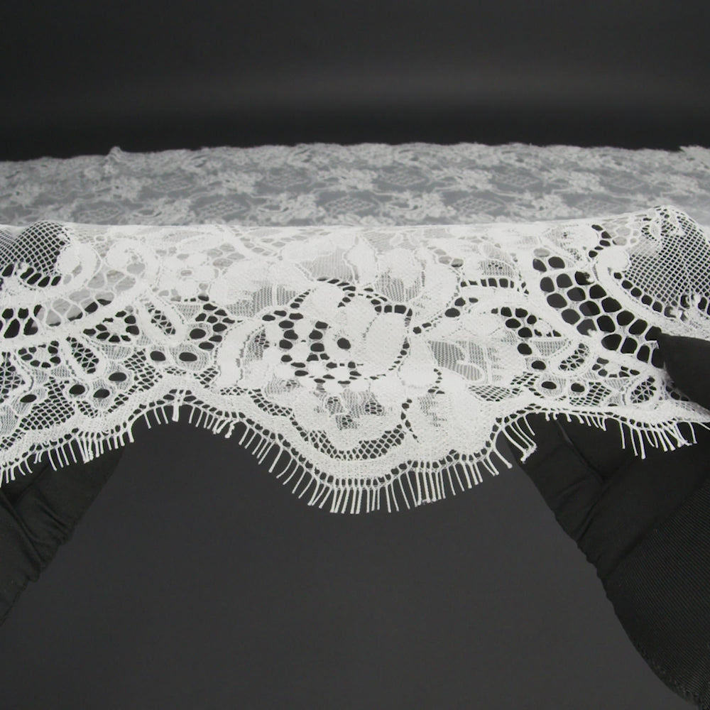 Luminous Re-Embroidered Lace with Finished Scalloped Edges - White Floral and Diamond Lattices - Image 6 of 6