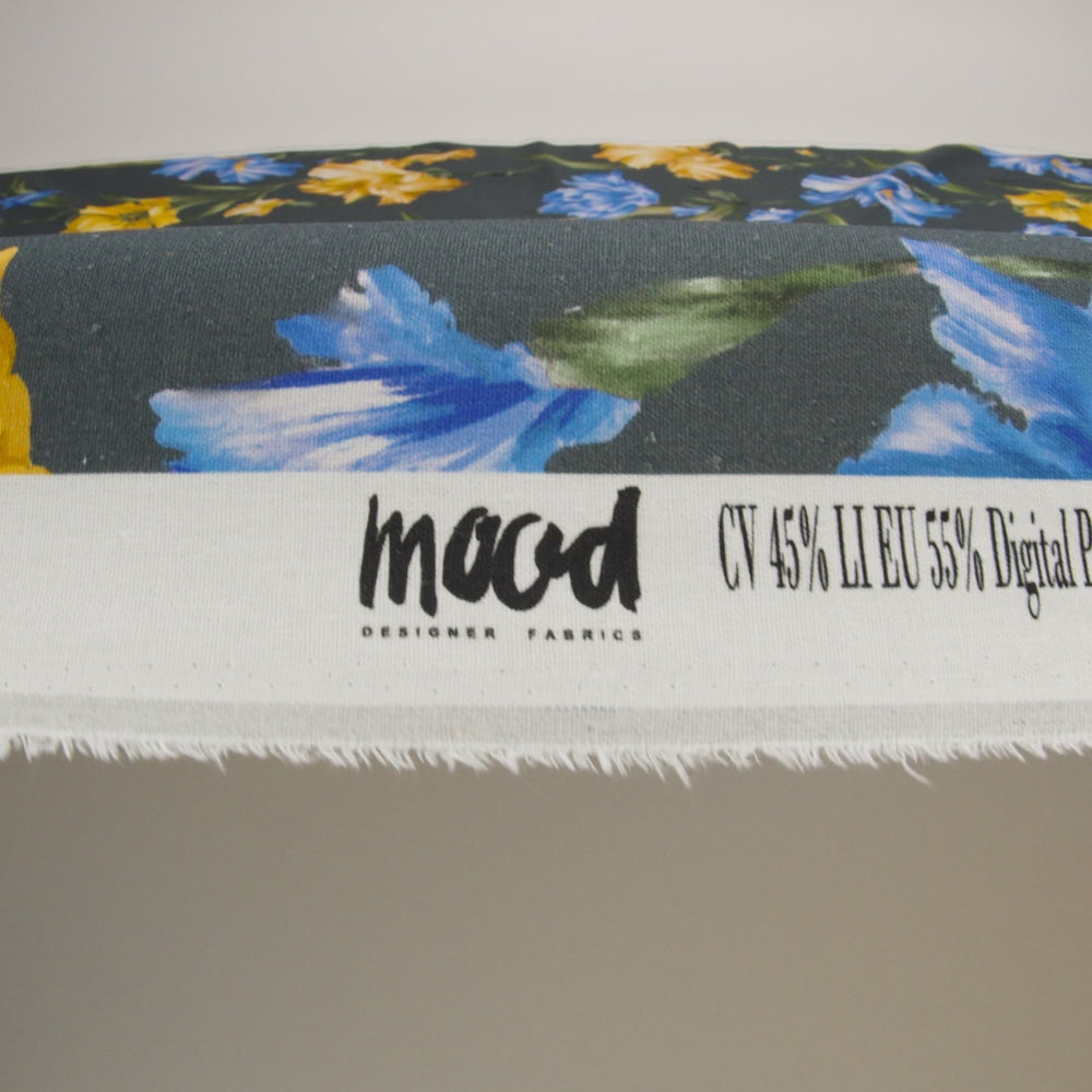 Linen and Rayon Woven - Charcoal, Blue and Goldenrod Yellow Painted Flowers - Mood Exclusive Spring Storm Print - Image 6 of 6