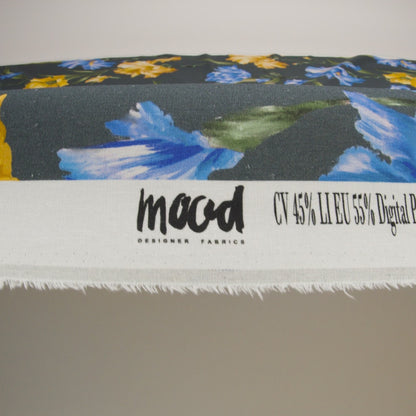 Linen and Rayon Woven - Charcoal, Blue and Goldenrod Yellow Painted Flowers - Mood Exclusive Spring Storm Print
