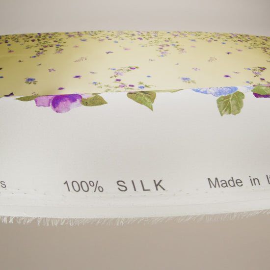 Silk Charmeuse Print 16MM, Made in Italy - Yellow Ombre with Purple and Blue Floral Borders - Image 6 of 6