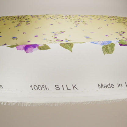 Silk Charmeuse Print 16MM, Made in Italy - Yellow Ombre with Purple and Blue Floral Borders