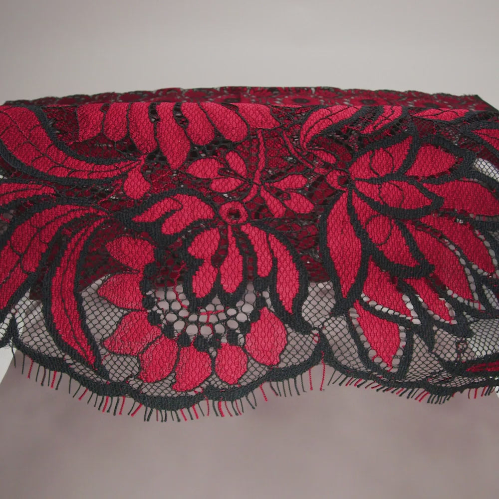 Raschel Lace Panel with Finished Edges - Black and Red Bold Daisies and Leaves - Image 6 of 6
