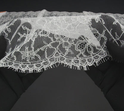 French Chantilly Lace with Finished Scalloped Edges by Solstiss - Greige Abundant Flowers