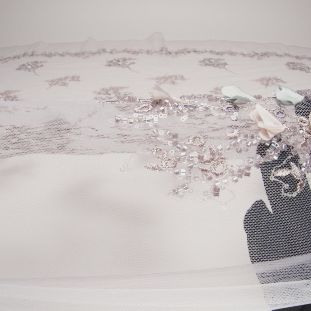 Embroidered and Beaded Tulle with 3D Satin Flowers - Lilac, Cream and Light Blue Floral Sprigs - Image 6 of 6