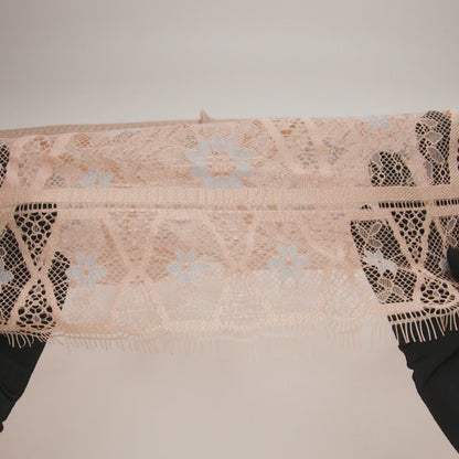 Raschel Lace Panel with Finished Edges - Sand and Steel Blue Geometric and Floral