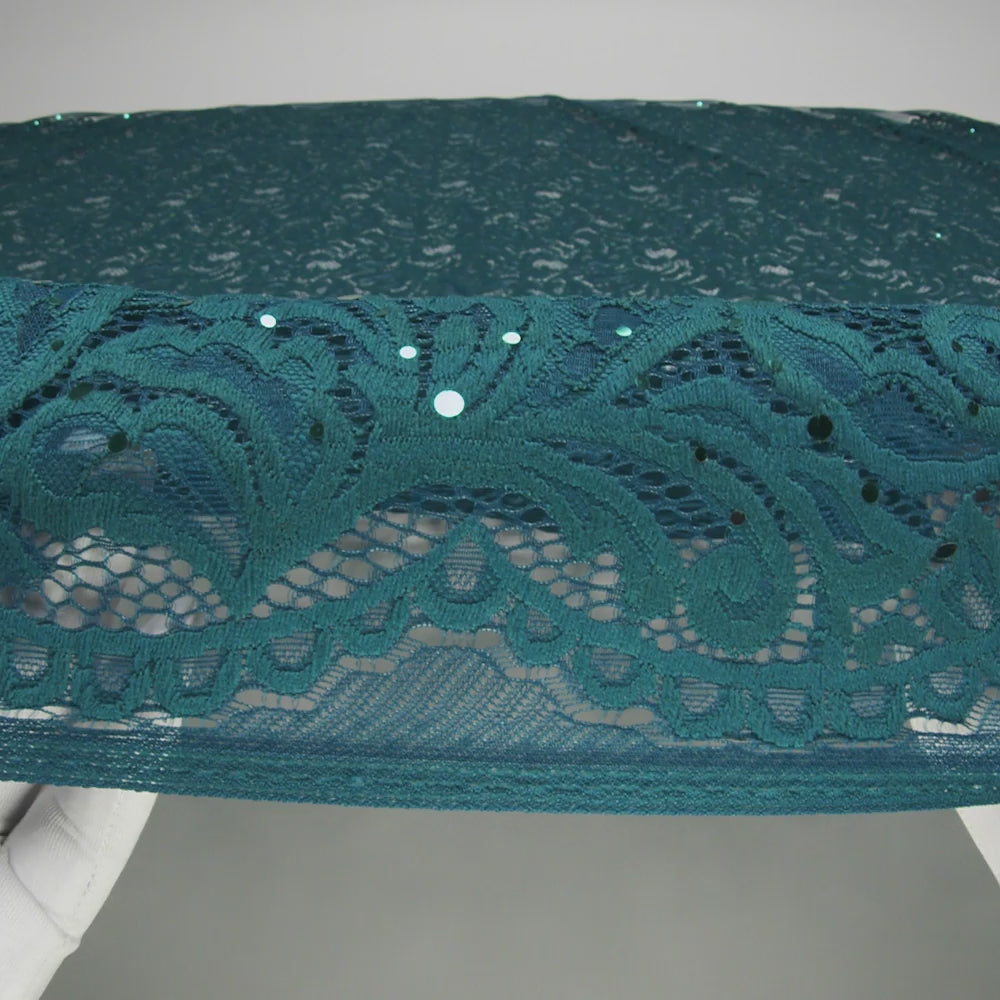 Stretch Raschel Lace with Metallic Spots - Dark Teal and Navy Fancy Leaves and Flowers - Image 6 of 6