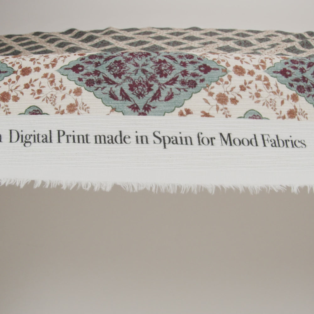 Slubbed Gauzy Cotton Woven - Cream, Dusty Teal and Burgundy Floral Diamonds - Mood Exclusive Garden Grid Print - Image 6 of 6