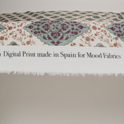 Slubbed Gauzy Cotton Woven - Cream, Dusty Teal and Burgundy Floral Diamonds - Mood Exclusive Garden Grid Print