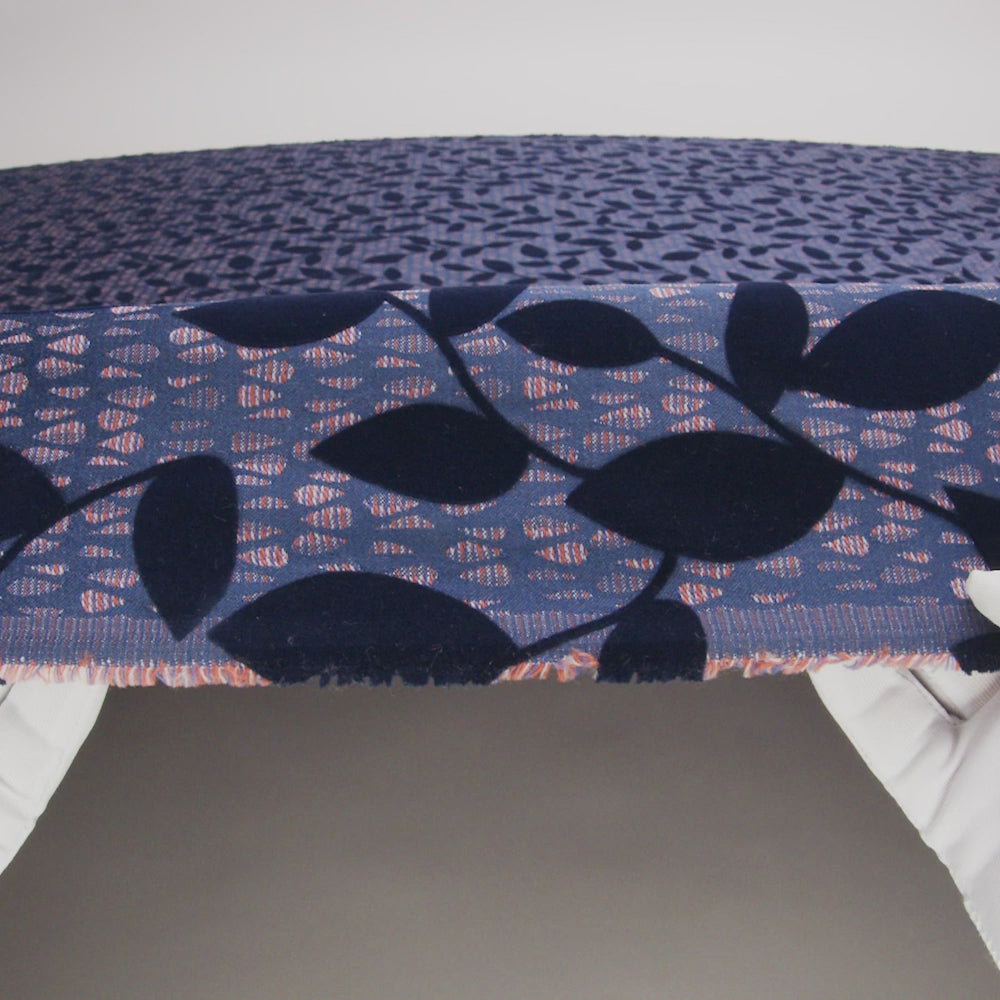 Navy Flocked Leafy Vines on Lilac, Orange and Blue Striped Teardrops Cotton and Polyester Jacquard - Image 6 of 6