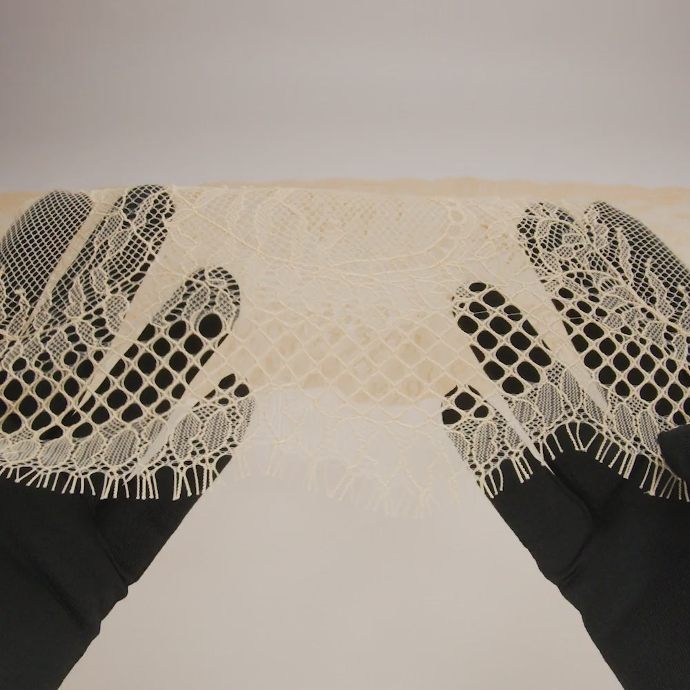 Raschel Lace Panel with Finished Edges - Buff Delicate Leafy Vines on Net - Image 6 of 6