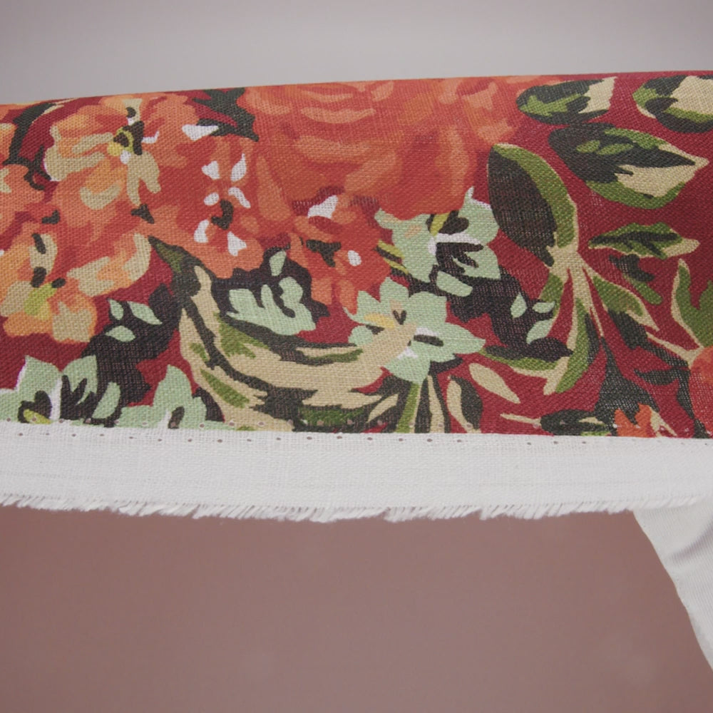 Medium Weight Linen Woven Print - Wine Red, Green and Dark Orange Floral - Image 6 of 6