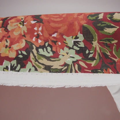 Medium Weight Linen Woven Print - Wine Red, Green and Dark Orange Floral