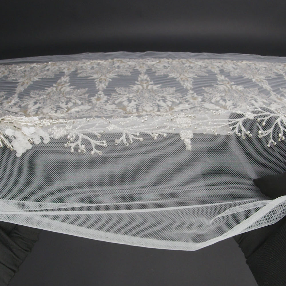 Embroidered Lace Tulle with Beads and Sequins - Off White and Silver Fancy Plants - Image 6 of 6