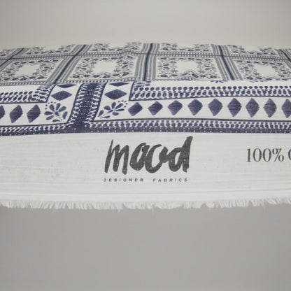 Crinkled Cotton Gauzy Woven - White and Navy Blue Floral Embroidery Squares - Mood Exclusive Porcelain Petals Print