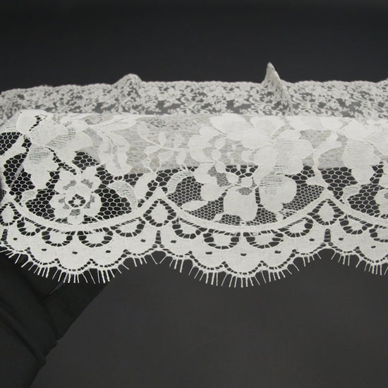 French Cotton Blend Leavers Lace with Finished Scalloped Edges - Greige Classic Floral - Image 6 of 6