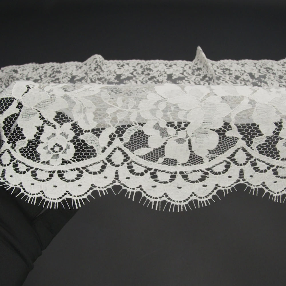 French Cotton Blend Leavers Lace with Finished Scalloped Edges - Greige Classic Floral - Image 6 of 6