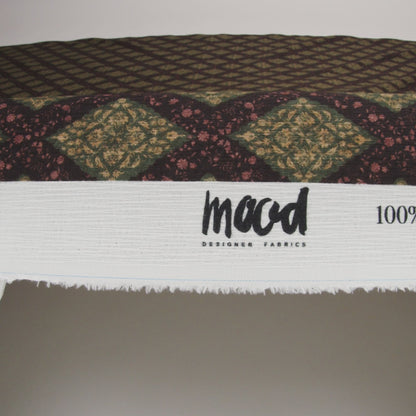 Slubbed Gauzy Cotton Woven - Dark Green, Black and Gilded Beige Small Floral Diamonds - Mood Exclusive Garden Grid Print