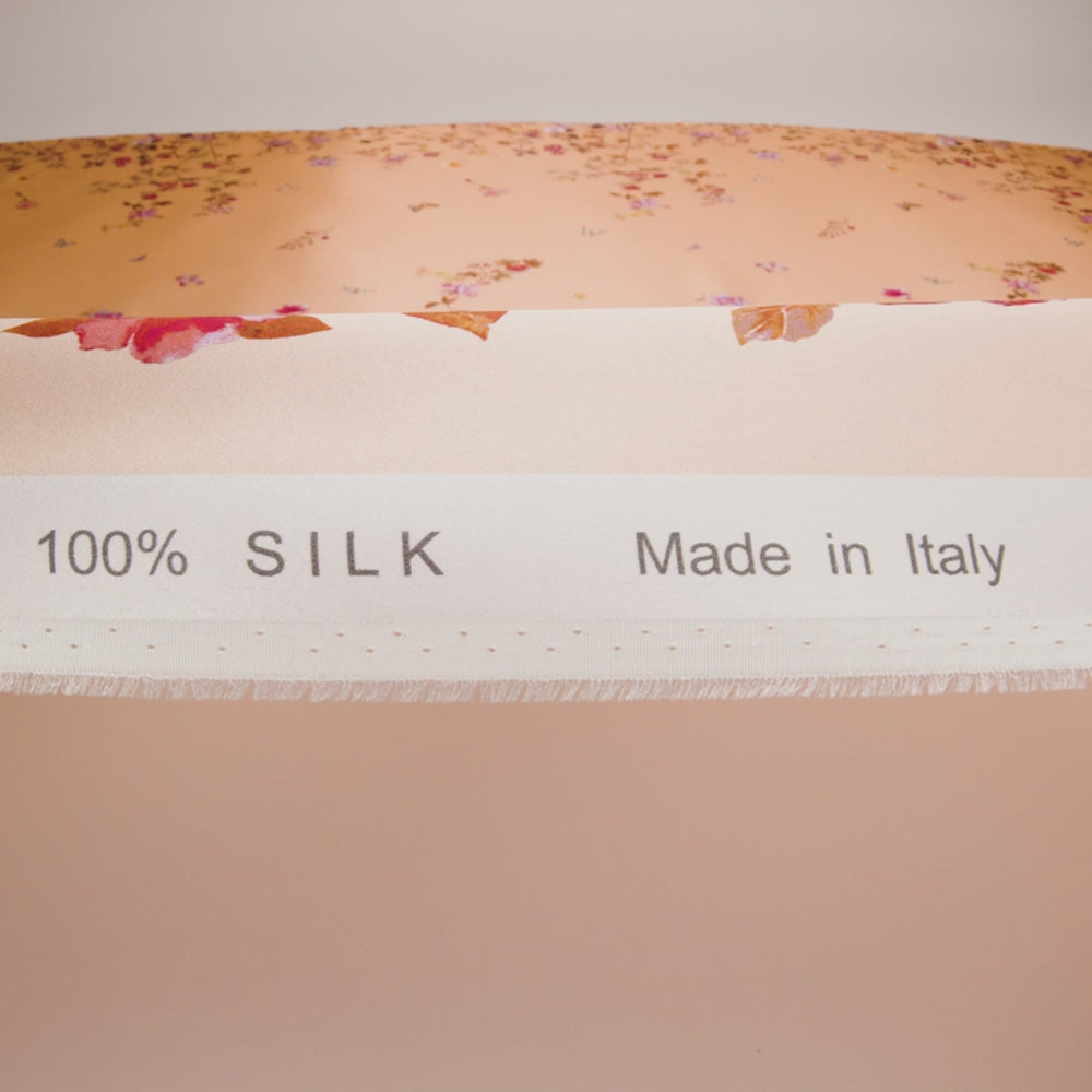 Silk Charmeuse Print 16MM, Made in Italy - Peach Ombre with Pink and Brown Floral Borders - Image 6 of 6
