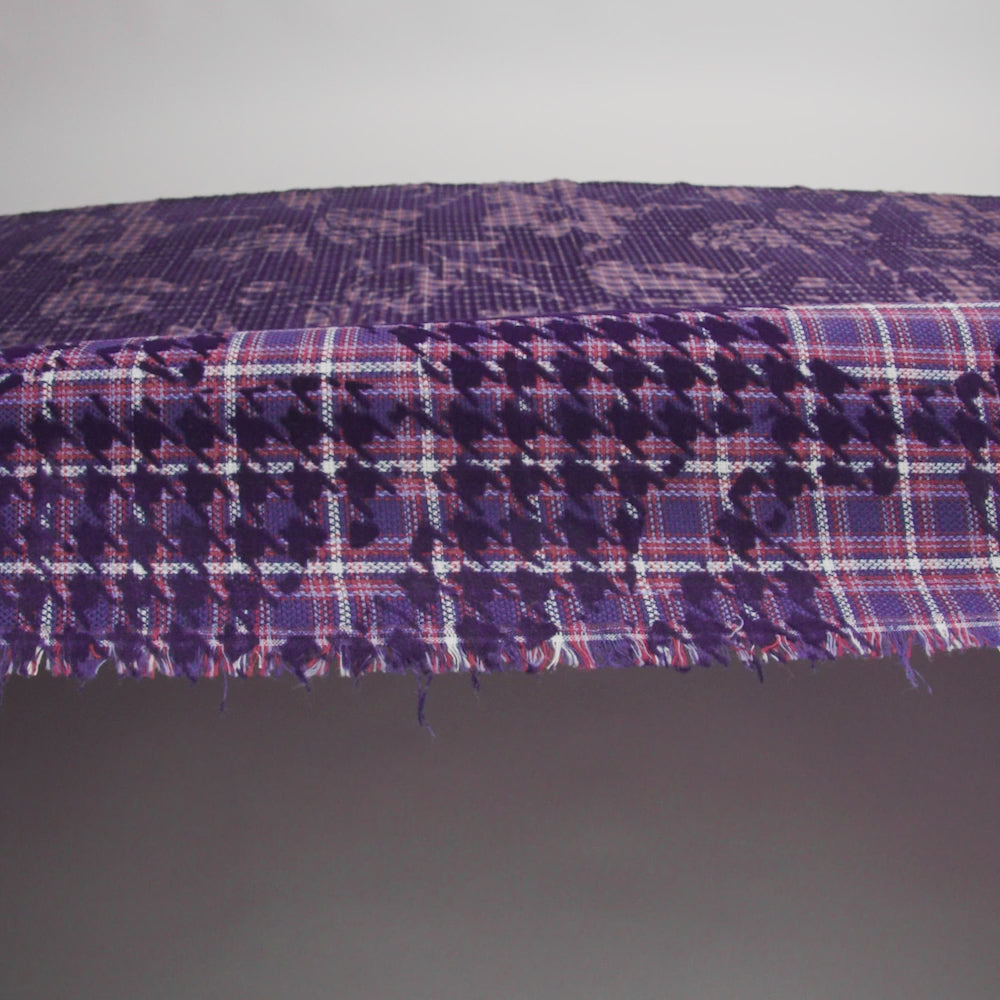 Navy, Red and Estate Blue Negative Space Florals in Flocked Houndstooth on Plaid Rustic Cotton and Polyester Woven - Image 6 of 6