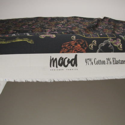 Stretch Cotton Sateen - Black Trees and Windows - Summer Nights Print - Mood Exclusive Citrus Collection