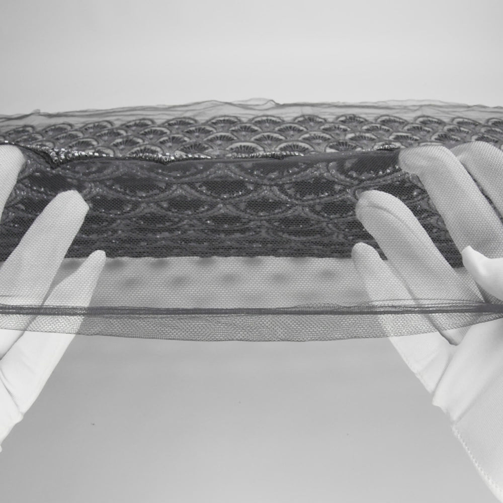 Embroidered and Beaded Lace Tulle with Sequins - Black and Gunmetal Gradient Size Scales - Image 6 of 6