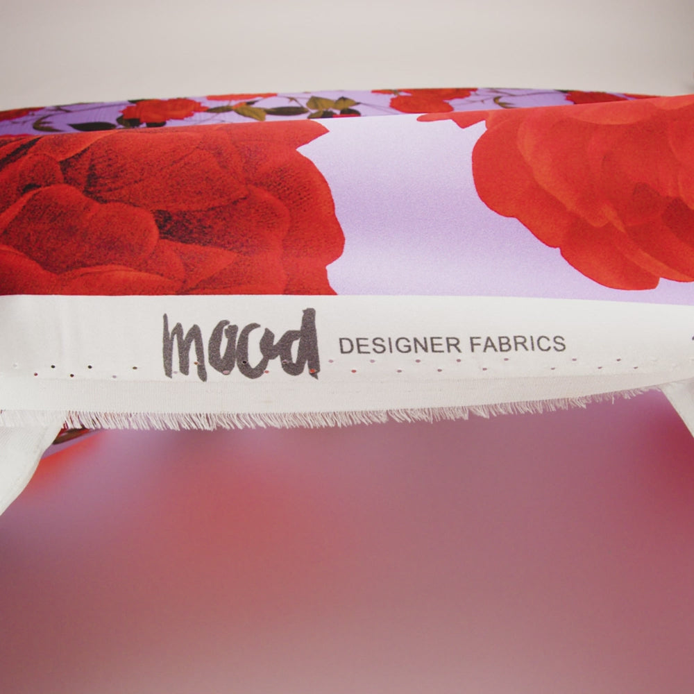 Silk Charmeuse Print 16MM, Made in Italy - Lavender, Red and Olive Green Roses and Stems - Image 6 of 6