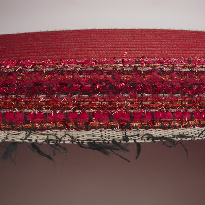 Metallic Polyester Tweed with Eyelash Fringe - Ruby Red and Burnt Orange Stripes