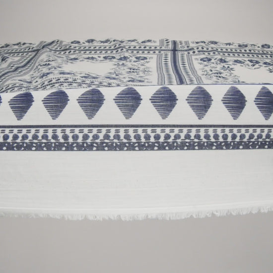 Crinkled Cotton Gauzy Woven Panel - White and Navy Blue Big Floral Embroidery Squares - Mood Exclusive Porcelain Petals Print - Image 6 of 6