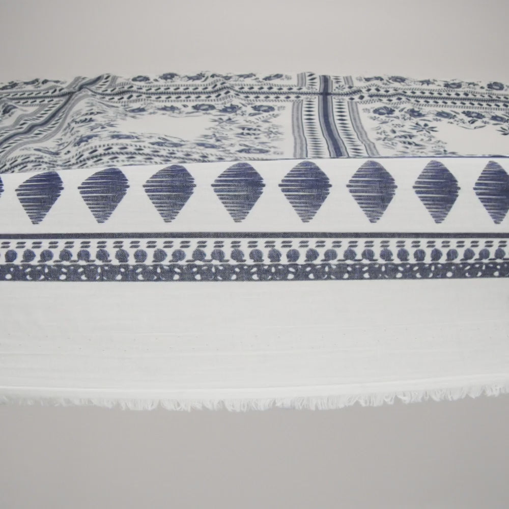 Crinkled Cotton Gauzy Woven Panel - White and Navy Blue Big Floral Embroidery Squares - Mood Exclusive Porcelain Petals Print - Image 6 of 6