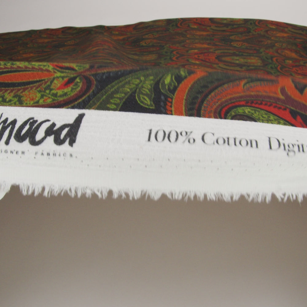 Slubbed Gauzy Cotton Woven - Forest Green, Burnt Orange and Yellow Ochre Paisley - Mood Exclusive Secret Garden Scrolls Print - Image 6 of 6