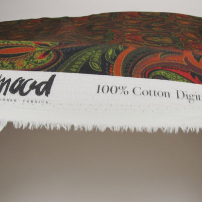 Slubbed Gauzy Cotton Woven - Forest Green, Burnt Orange and Yellow Ochre Paisley - Mood Exclusive Secret Garden Scrolls Print