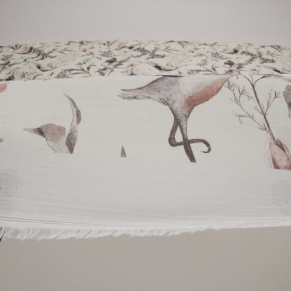Crinkled Cotton Gauzy Woven - Russet, Aubergine and Black Cranes in the Branches - Mood Exclusive Winged Serenity Print