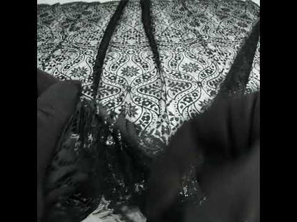 Nylon and Rayon Raschel Lace with Finished Edges - Black Flowers and Swirls