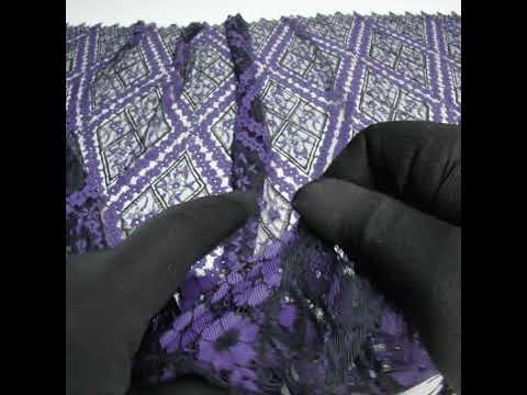 Cotton and Nylon Re-Embroidered Lace Panel with Finished Edges - Black and Blue Iris Diamonds and Flowers - Image 6 of 6
