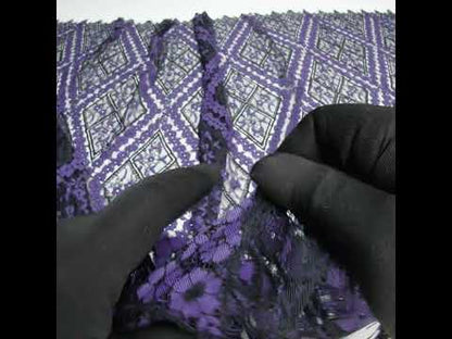 Cotton and Nylon Re-Embroidered Lace Panel with Finished Edges - Black and Blue Iris Diamonds and Flowers