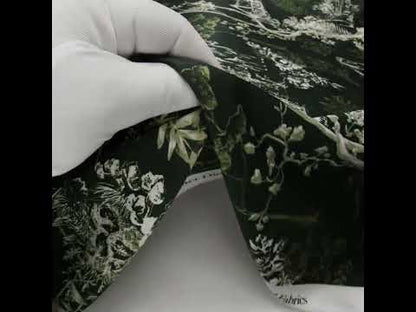 Polyester Satin - Dark Green and White Plants and Horses - Mood Exclusive Bridle and Branch Print