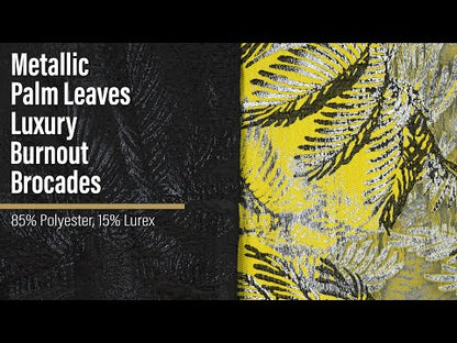 Yellow, Black and Metallic Silver Palm Leaves Luxury Burnout Brocade
