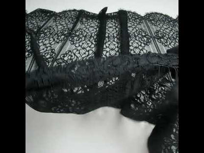 Corded Lace with Fringed and Scalloped Edges - Black Vine Stripes