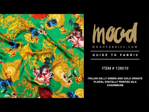 Mood Exclusive Italian Kelly Green and Gold Ornate Floral Digitally Printed Silk Charmeuse - Image 5 of 5