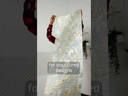 Metallic Gold and Sky Blue Floating Flowers Luxury Burnout Brocade