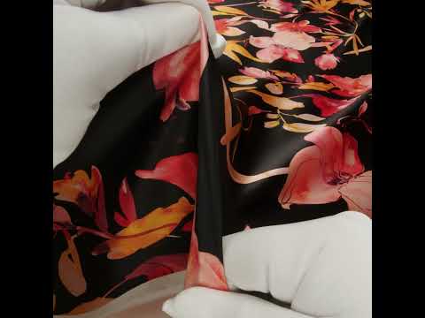 Silk Charmeuse Print 16MM, Made in Italy - Black, Orange and Red Illustrated Watercolor Flowers - Image 5 of 5